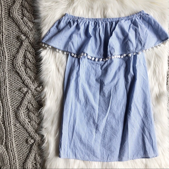 Blue striped Pom Pom off the shoulder dress - Picture 2 of 4